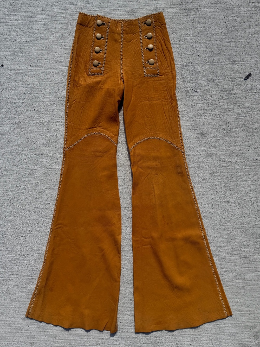 Vintage 70s Pieles Pitic Handmade Leather Bell Bottom Pants 26” Waist
